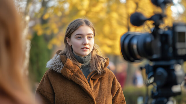 young female student gives an interview standing in front of a journalist's camera about life and events at university. female student takes part in a journalist's survey about entering  university.