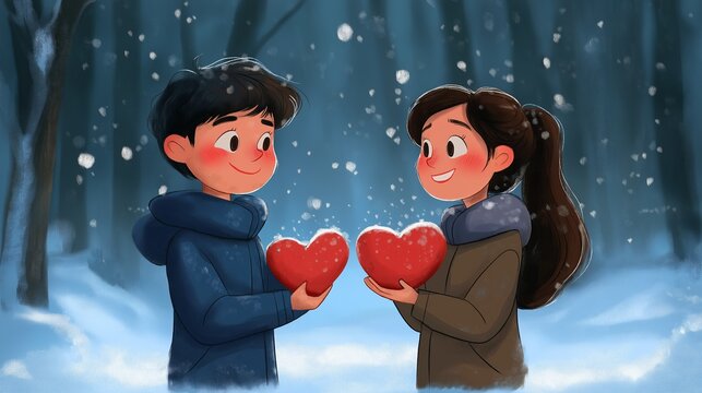 Two cartoon characters standing in snowy forest exchanging red heart-shaped objects with joyful expressions on a winter day