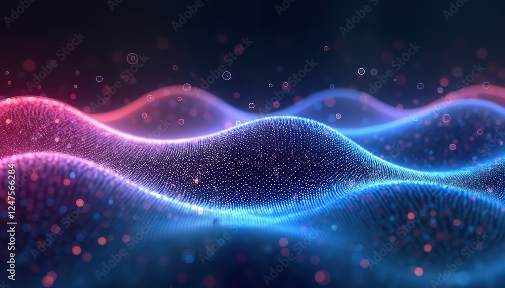 Poster futuristic abstract design. glowing blue, pink digital waves made of dots. dynamic tech concept. dat