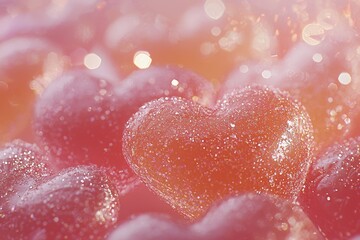 Fototapeta premium Heart-shaped gummy candies coated with sugar, glowing in soft pink hues.