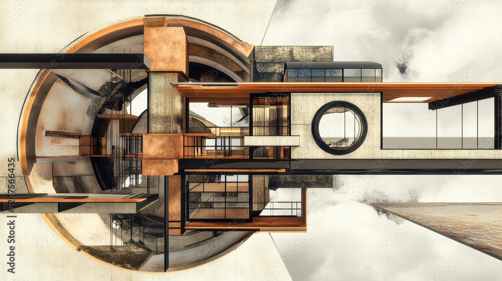 Poster innovative cross section view of multi level architectural structure showcasing modern design elemen