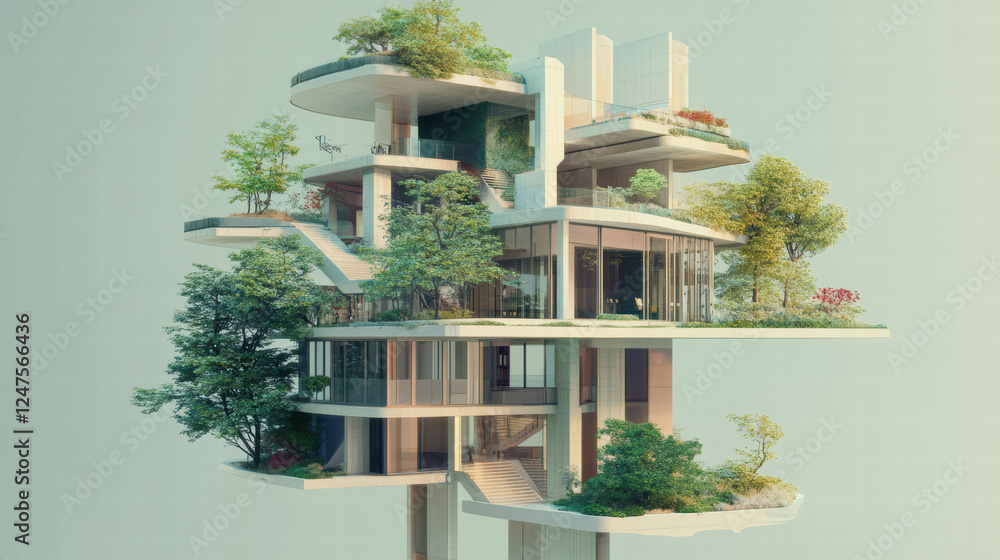 Aufkleber multi level structure featuring lush greenery and modern architecture, showcasing harmonious blend o