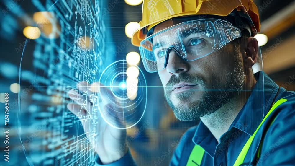 Poster tech vision: a focused engineer in safety glasses and hardhat interacts with a holographic data inte