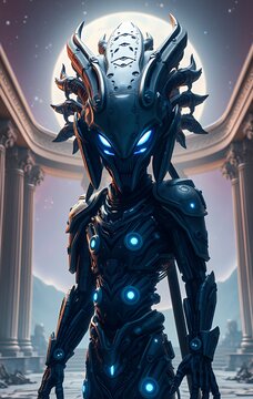Alien Warrior Standing Before Lunar Gate with Glowing Eyes in Armor