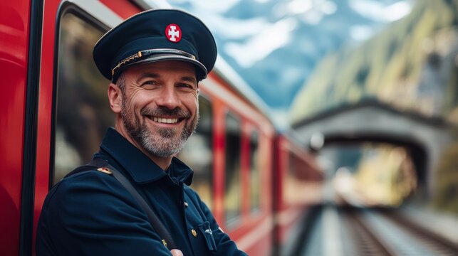 portrait of a smiling male train driver in switzerland