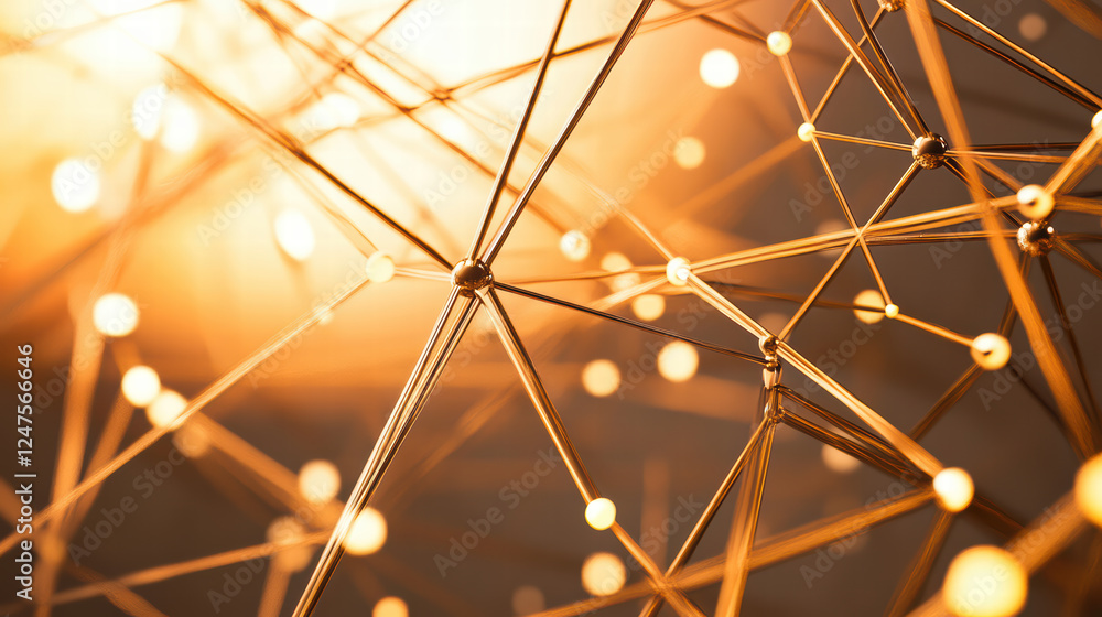 Poster intricate network of golden lines and glowing spheres, symbolizing connectivity and technology. warm