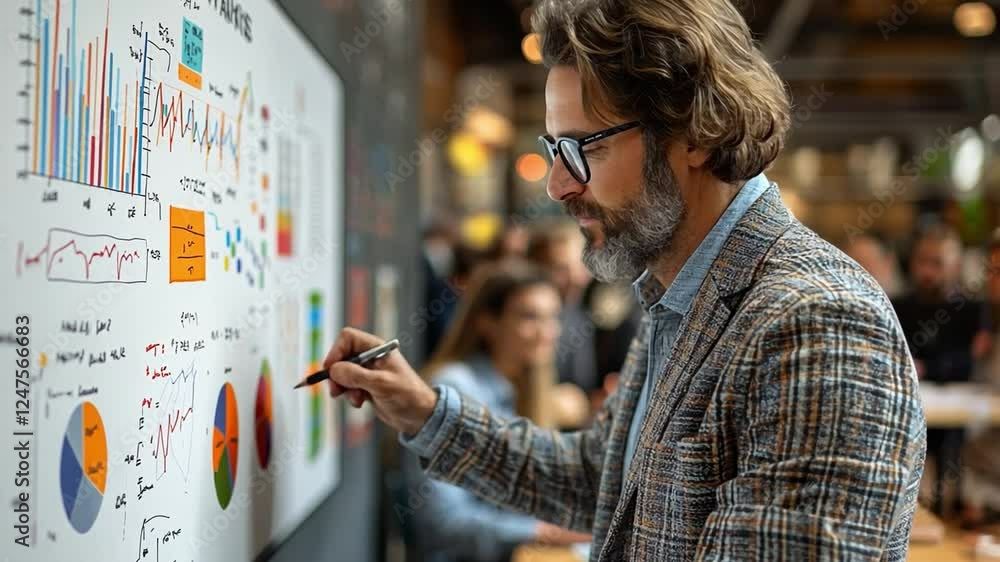 Poster visionary analysis: a focused professional meticulously reviews and analyzes data-driven charts, hig