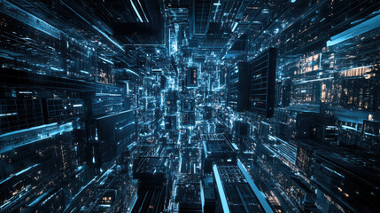 Aerial view of futuristic urban landscape with glowing skyscrapers and digital elements, creating vibrant and dynamic atmosphere
