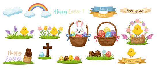 Fototapeta premium Colorful cartoon Happy Easter sticker collections