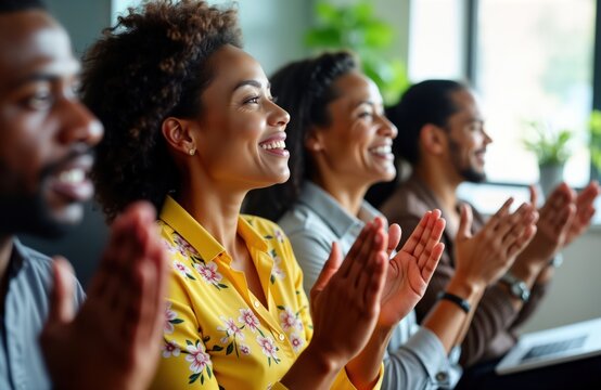 Diverse group of adults attends business seminar, applauds. People sitting in conference room. Happy, showing appreciation. Casual attire common. Teamwork, success key elements. Presentation likely - Powered by Adobe