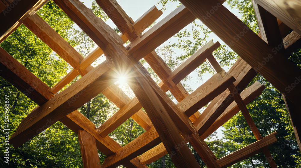 Aufkleber detailed view of structural framework made of wood, surrounded by lush greenery and sunlight filteri