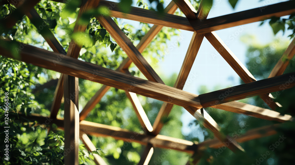 Poster detailed view of wooden structural framework surrounded by greenery, showcasing intricate design and