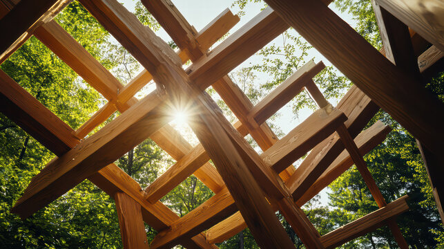 detailed view of structural framework made of wood, surrounded by lush greenery and sunlight filtering through beams, creating serene and natural atmosphere