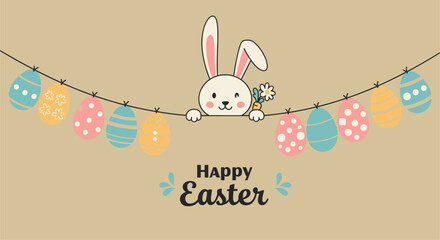 Flat design illustration of cute bunny with Easter eggs. Pastel tone palette