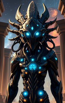 Standing alien cyborg in futuristic armor near ancient architecture at dusk