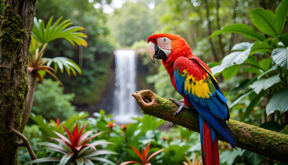 Obraz premium Scarlet macaw perched on a branch near a waterfall, Parrot on Perch, Pet Day
