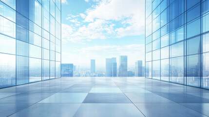 Fototapeta premium modern, spacious interior with large glass windows showcasing cityscape. bright sky and urban skyline create serene atmosphere, perfect for inspiration and creativity