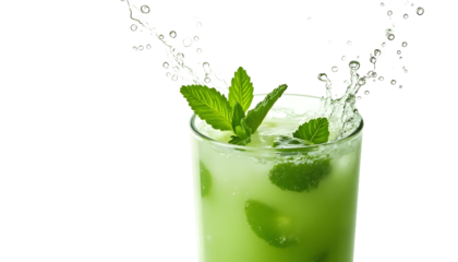 Isolated, transparent drink cocktail, mint, water splash, bubbles, ice, green.