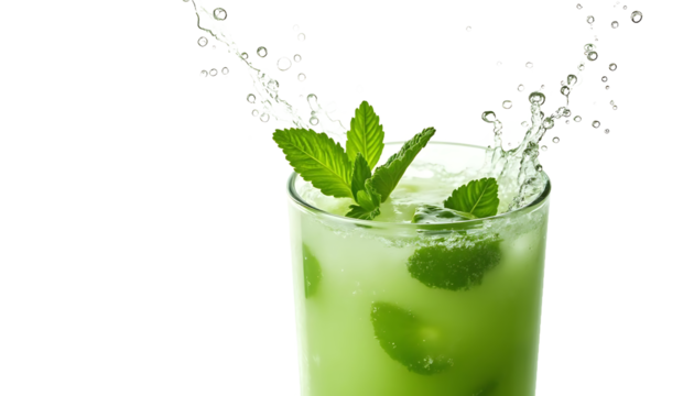 Isolated, transparent drink cocktail, mint, water splash, bubbles, ice, green.
