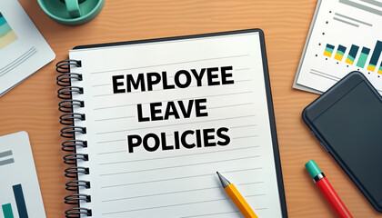 Workplace document shows employee leave policies. Business documents, mobile device on wooden surface. Formal pro setting. Notepad with words EMPLOYEE LEAVE POLICIES written on. Image shows office