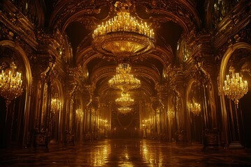 Obraz premium Lavish golden palace hall adorned with grand chandeliers and intricate decor.