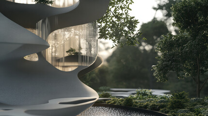 Innovative structural design for botanical garden spa featuring flowing water, lush greenery, and modern architecture. serene and tranquil environment for relaxation