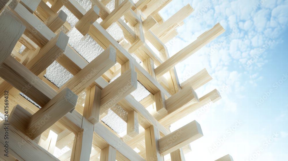 Aufkleber innovative use of materials in structural design showcases unique wooden framework against bright sk