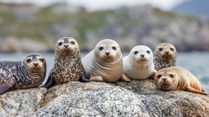Harbor seals on coastal rocks, ocean background; wildlife photography