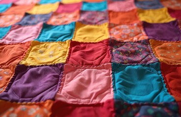 Vibrant patchwork quilt shows many colorful patches. Different patterns, fabrics create unique design. Handcrafted with detail, care. Quilt displays creativity, artistry. Perfect for home decor.