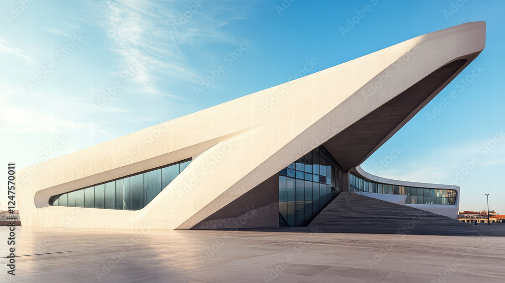Poster modern architectural design showcasing structural work with unique, futuristic building featuring sm