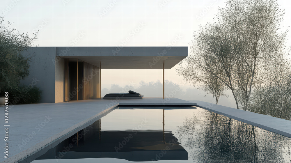 Poster minimalist architectural design featuring serene environment with pool and surrounding trees, creati