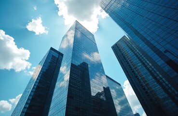 Plakat Modern skyscrapers with glass facades reflecting clear blue sky with white clouds. Low angle view emphasizes architectural details, vastness of buildings. Cityscape of business district. Abstract