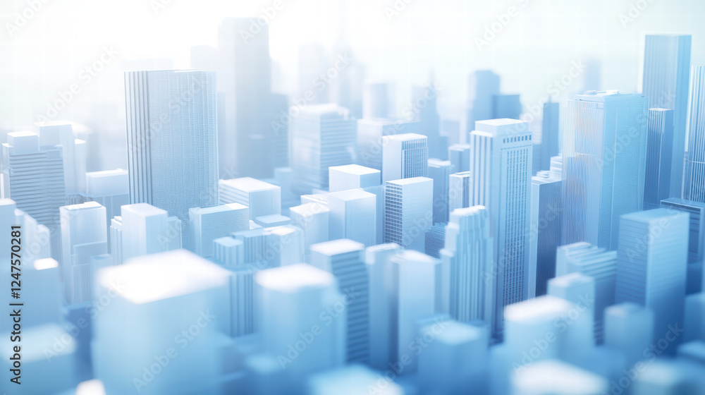 Poster futuristic cityscape with diverse structures and soft lighting creates serene atmosphere. skyline fe