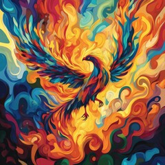 Fototapeta premium A vibrant phoenix rising from swirling flames, depicted in a stylized, abstract art style with rich colors and dynamic composition.