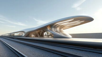 Obraz premium Futuristic train station with sleek design and flowing architecture, showcasing modern materials and innovative structure. station is set against clear sky, emphasizing its unique form