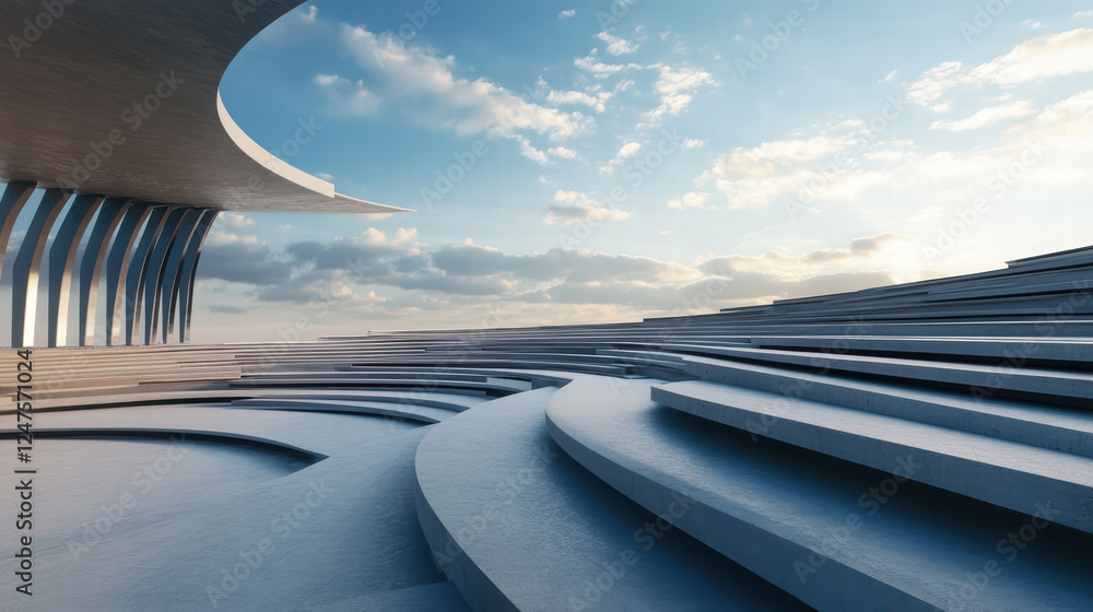 Poster modern amphitheater with unique design elements, featuring curved seating and dramatic sky. structur