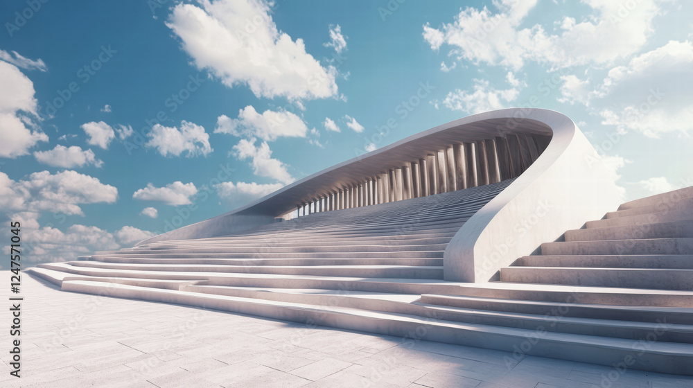 Poster modern amphitheater with unique design featuring sweeping curves and steps, set against bright blue 