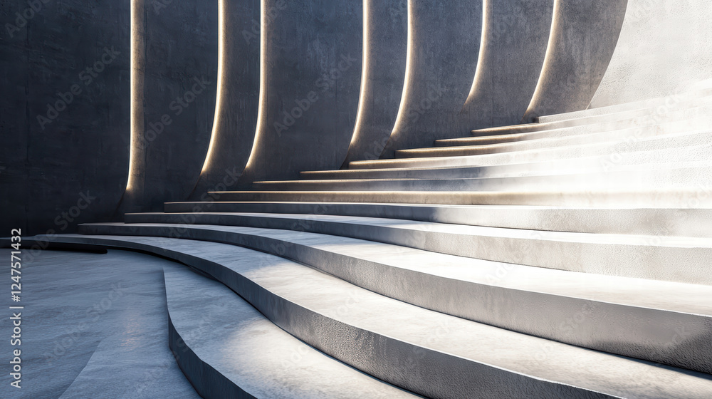 Poster modern amphitheater with unique design elements, featuring curved steps and ambient lighting. sleek 