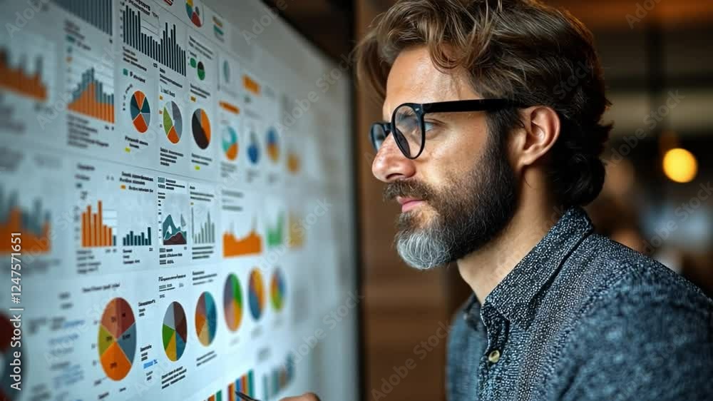 Poster data-driven insights: a focused business professional in glasses, examines a digital display brimmin
