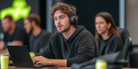Young man wearing headphones working on laptop in modern office with colleagues blurred in the background for focus