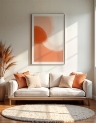 Modern living room with Scandinavian style. Beige, peach accents. White sofa with beige, peach colored cushions. Natural light shines in room. White framed mockup painting. Cosey, comfortable