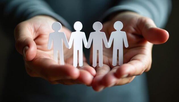 Hands holding paper cutouts of people holding hands. Concept of employee assistance programs support, care. Care for employees well-being, personal issues. Confidential support systems. Crisis