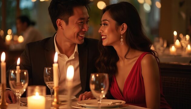 Asian couple enjoys romantic dinner in luxury restaurant. Beautiful woman in red dress, man in suit smile at. Candles on table create romantic ambiance. Evening celebration in fine dining eatery. - Powered by Adobe