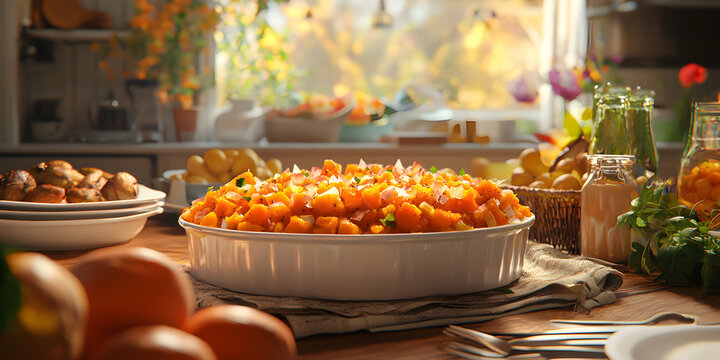 Cozy Autumn Dinner Table: Vibrant Seasonal Food Dish with Fresh Vegetables and Herbs for a Hearty, Homemade Family Gathering - A Delicious Culinary Experience with Rustic Ambiance and Warm Sunlight