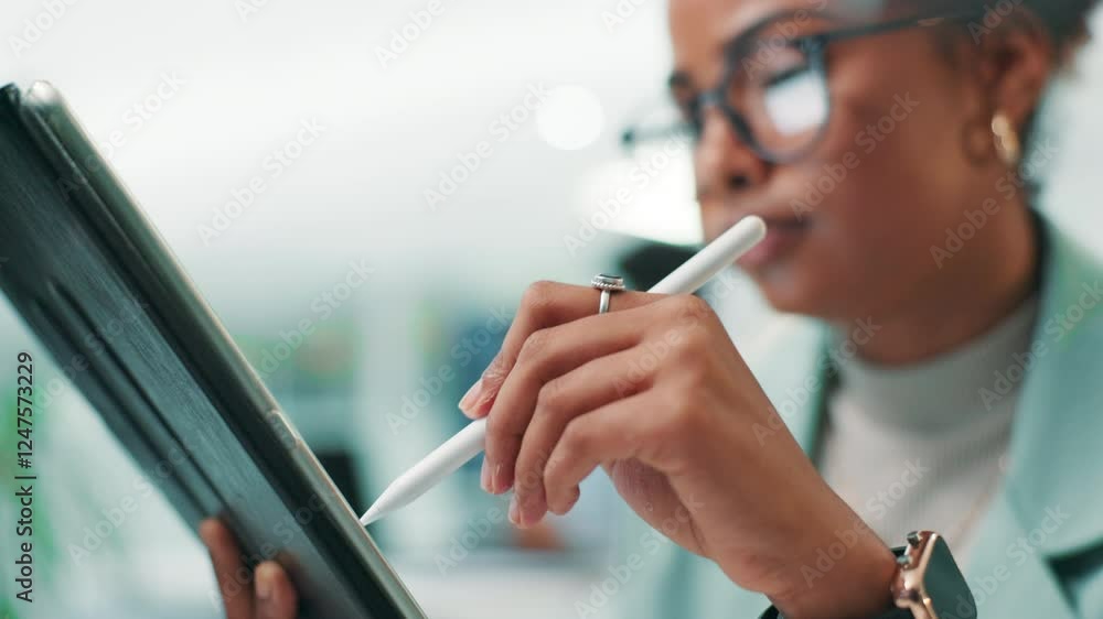 Poster woman, software developer or writing with tablet for app development, ui or ux at office. female per