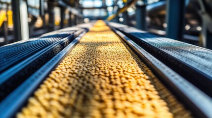 Close-Up View of Grain on Conveyor Belt in Modern Industrial Facility