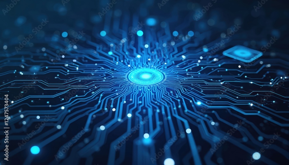 Poster Abstract digital circuit design on dark blue background. Futuristic tech pattern with glowing blue lines, points. Complex network structure. Represents advanced computer system digital data flow.