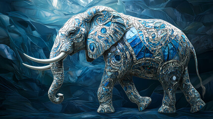 Fototapeta premium A majestic mosaic elephant: celestial design in silver and blue hues. Gigantic Creatures. Illustration