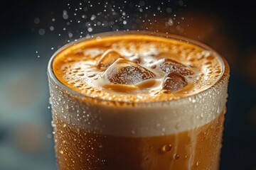 Refreshing Iced Coffee with Foamy Top and Ice Cubes