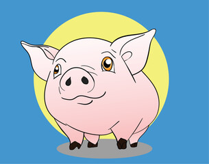 Adorable cartoon pig with blue background